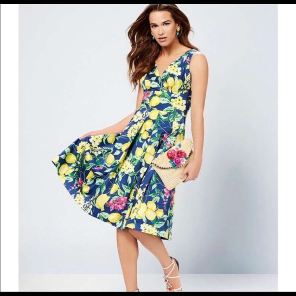 Betsey Johnson lemon & floral print fit & flare dress, navy and yellow.